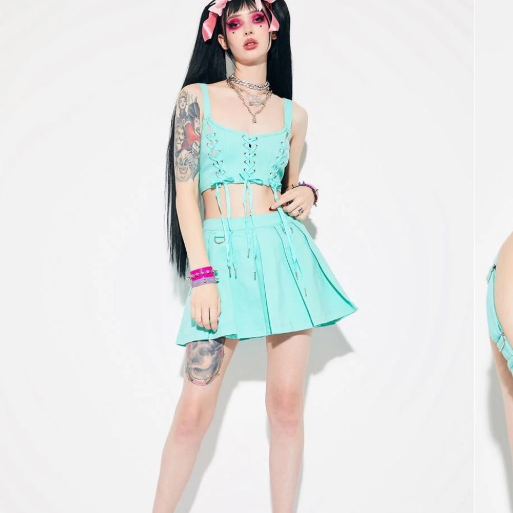 PERFECT STRANGERS AQUA BLUE NEON PLEATED SKIRT & TOP MINT TEAL SET PASTEL